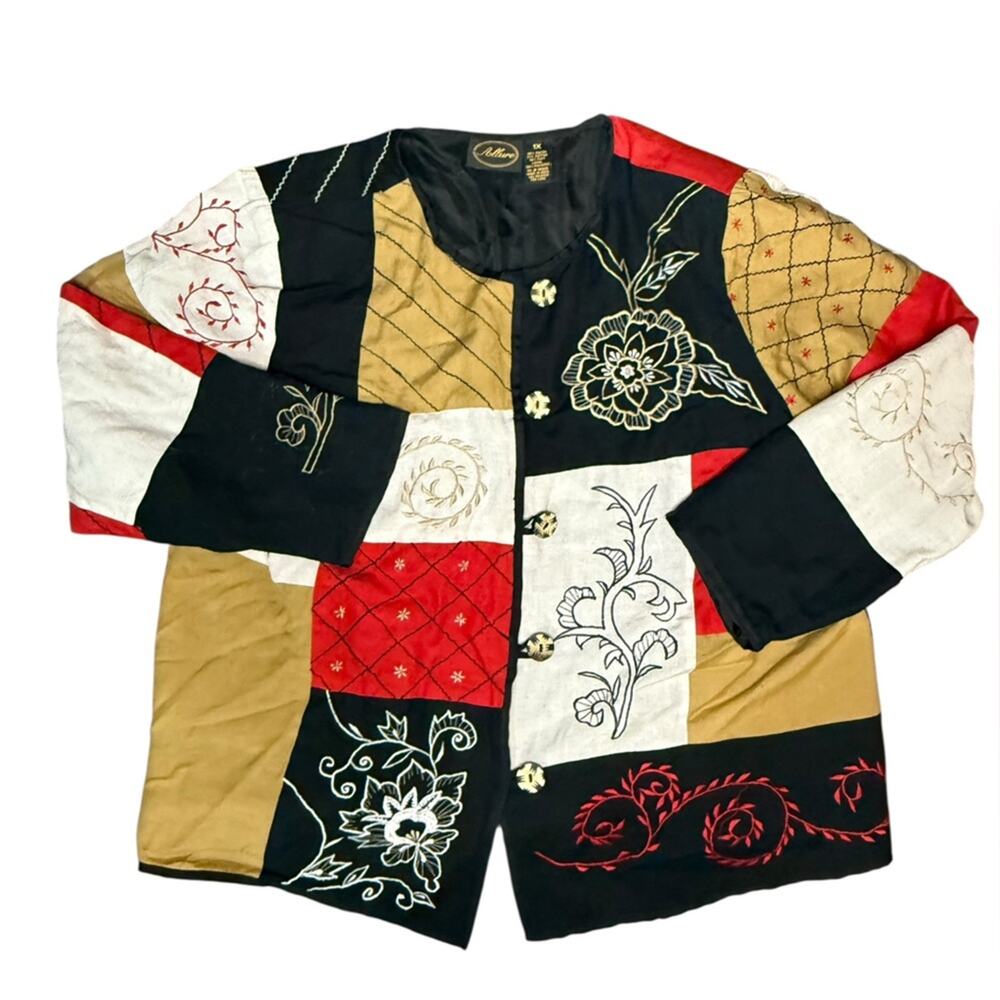Vtg Patchwork Embroidered Boho Flax Cotton Jacket Womens Sizse 1X Art Teacher